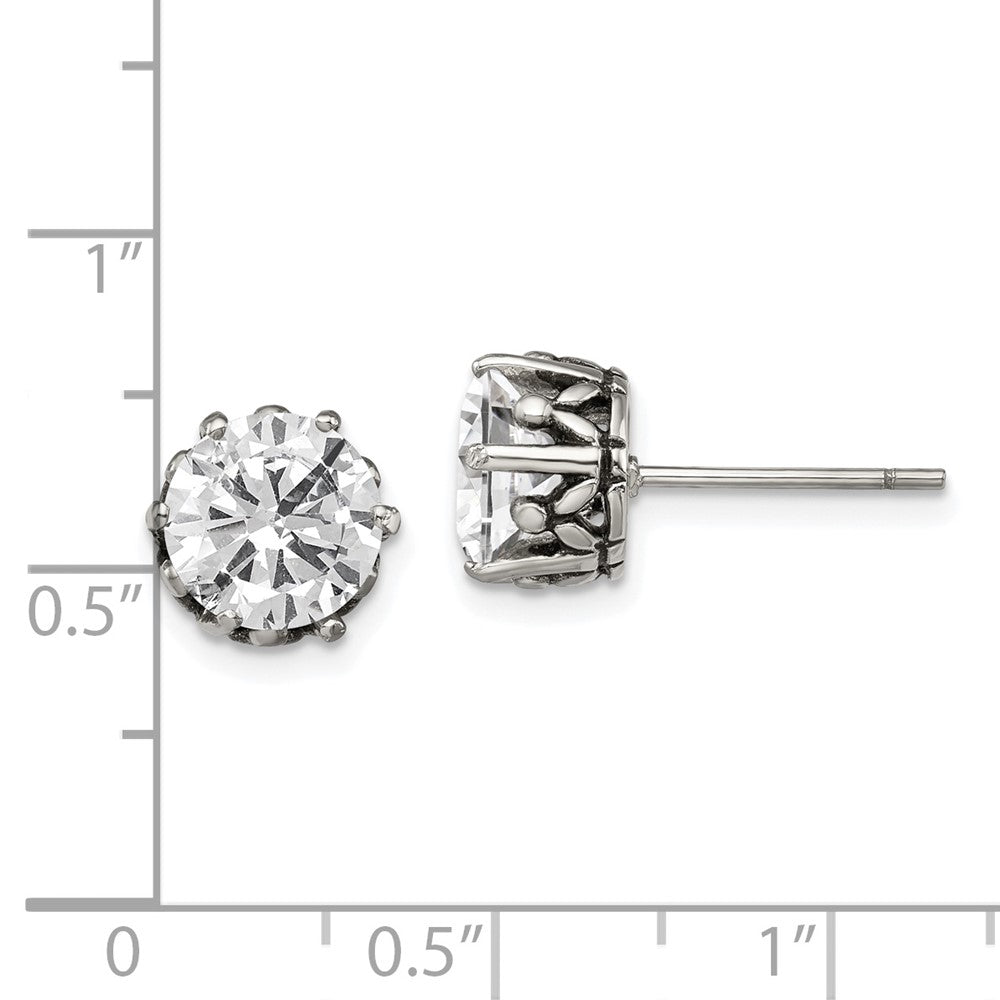 Chisel Stainless Steel Antiqued and Polished Round CZ Post Earrings