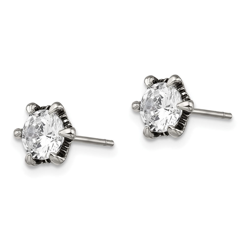 Chisel Stainless Steel Antiqued and Polished CZ Post Earrings