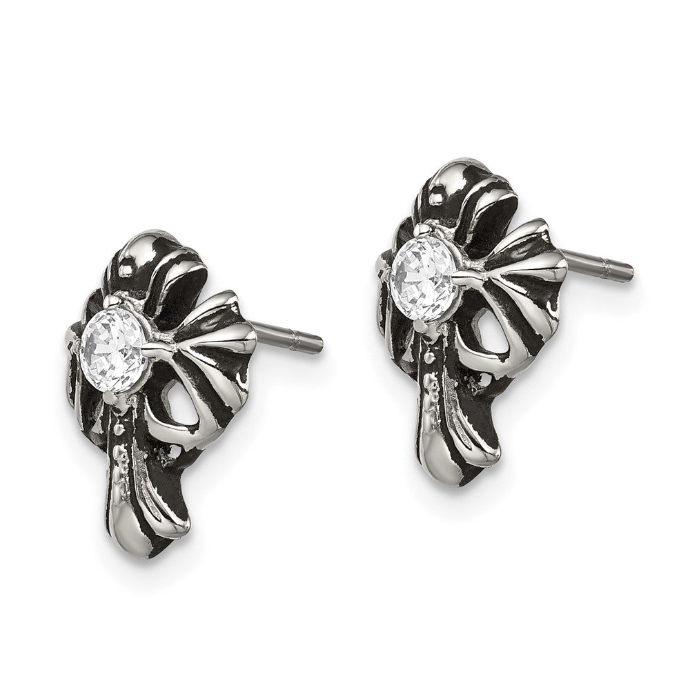 Chisel Stainless Steel Antiqued and Polished with CZ Cross Post Earrings