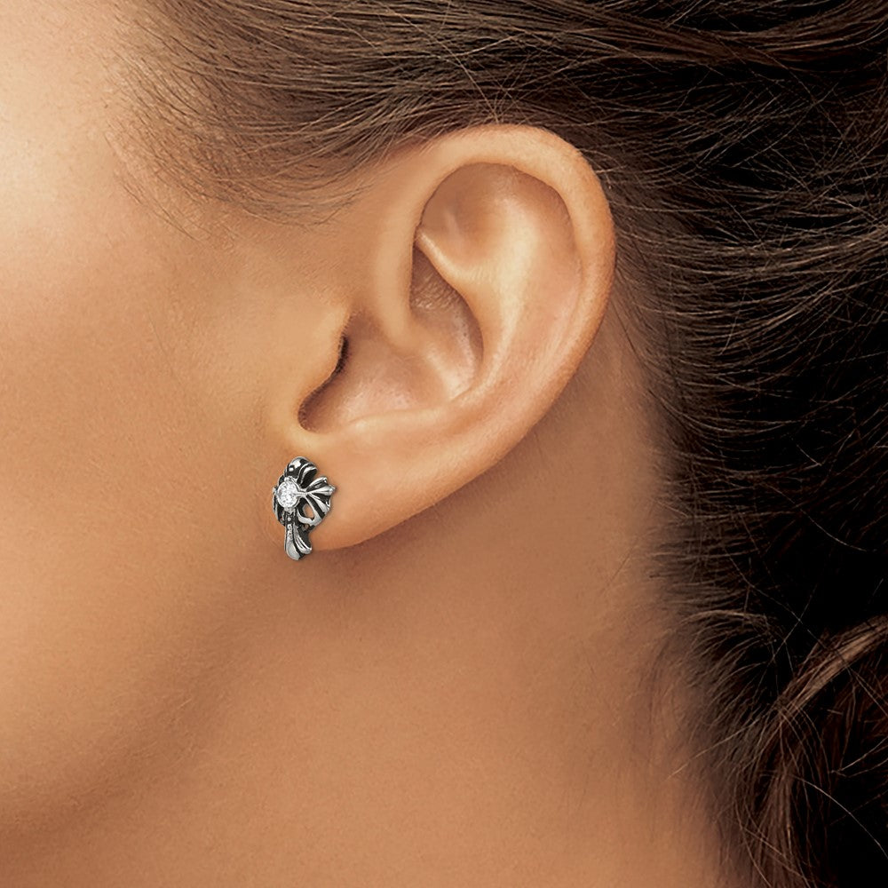 Chisel Stainless Steel Antiqued and Polished with CZ Cross Post Earrings