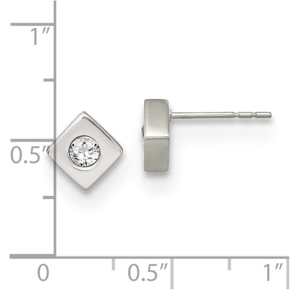 Chisel Stainless Steel Brushed with CZ Diamond-shaped Post Earrings