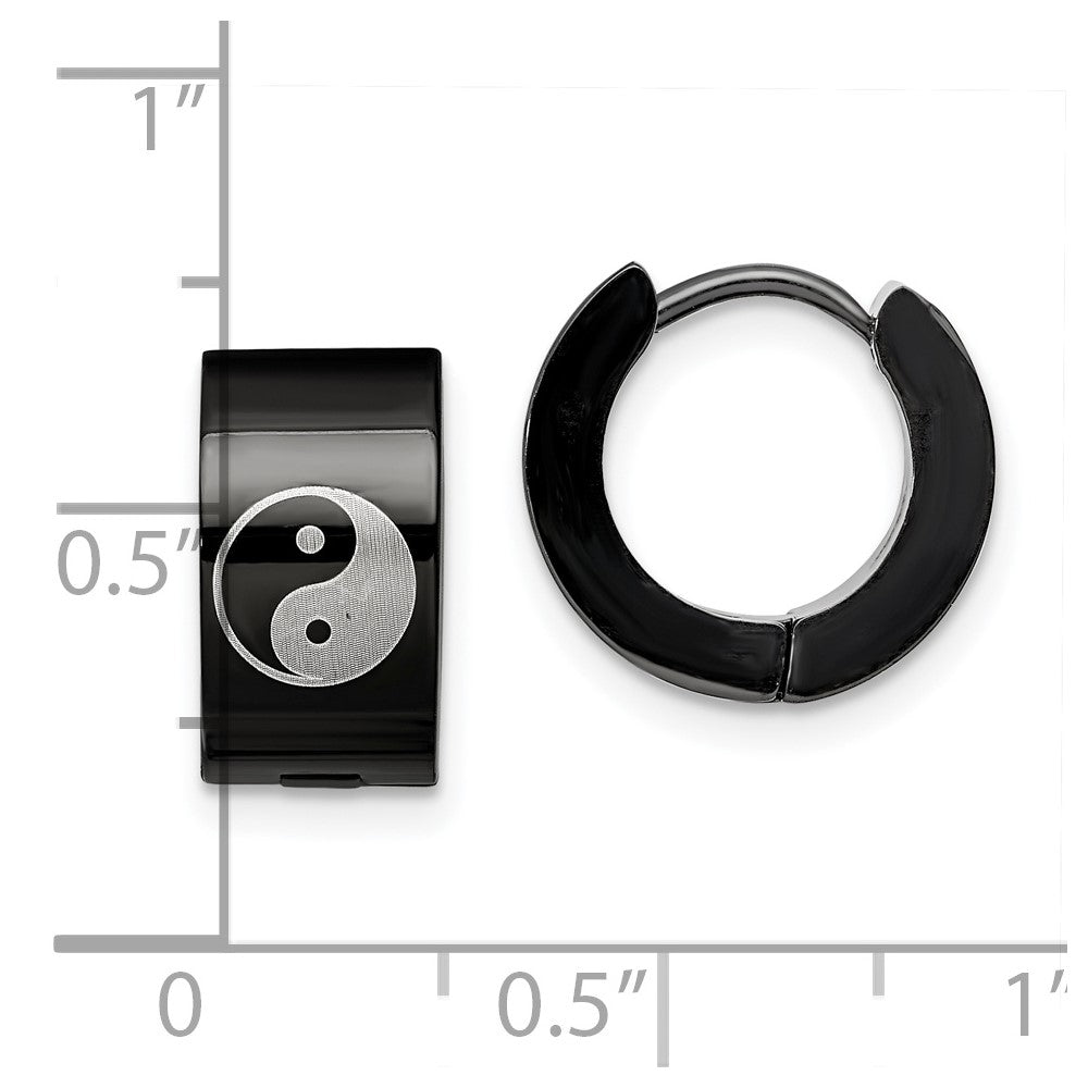 Chisel Stainless Steel Polished Black IP-plated 7mm Hinged Hoop w/Yin Yang Earrings