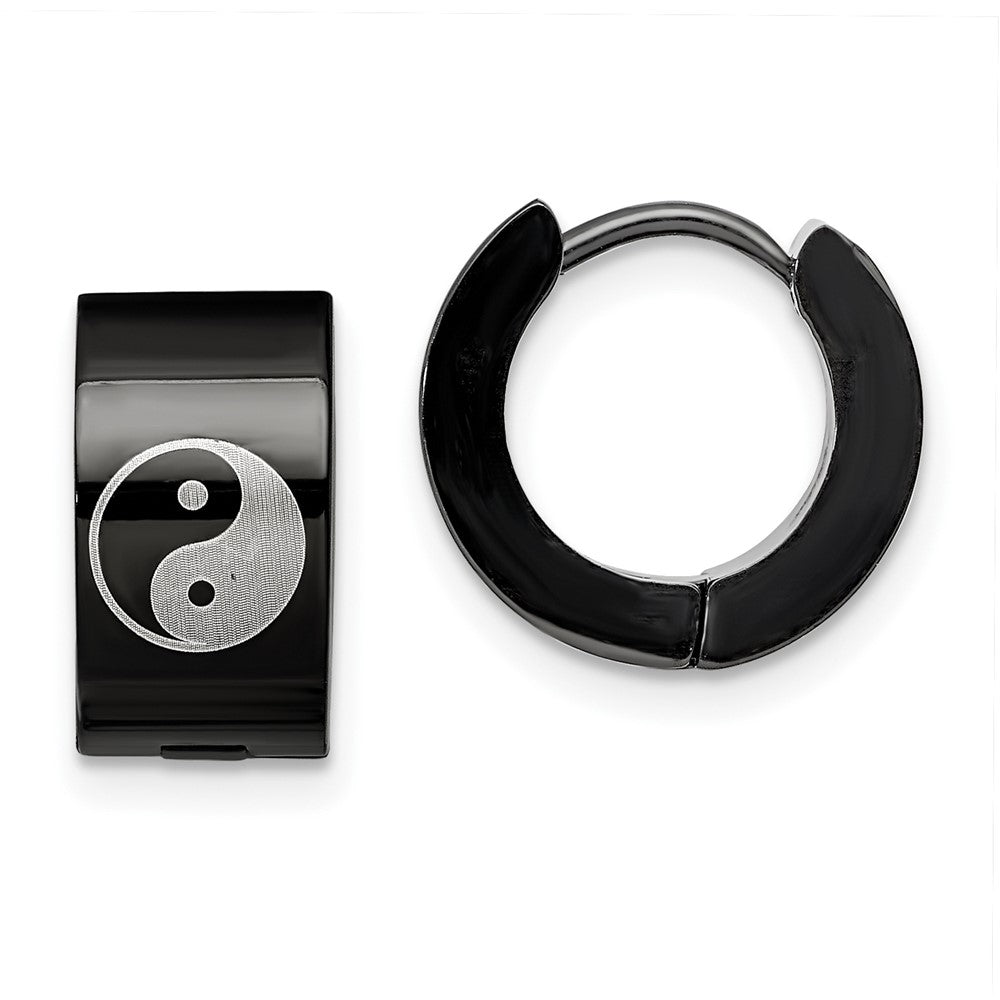 Chisel Stainless Steel Polished Black IP-plated 7mm Hinged Hoop w/Yin Yang Earrings