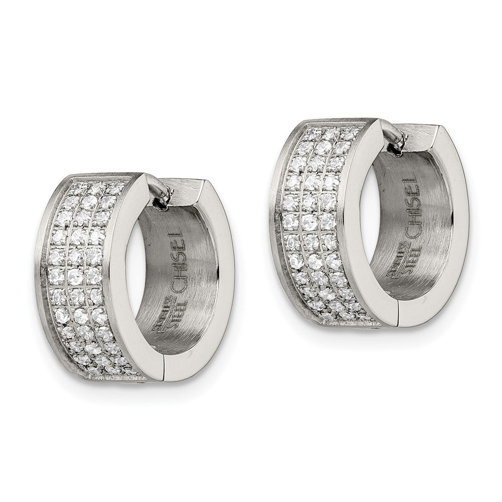 Chisel Stainless Steel Brushed and Polished with CZ 6mm Hinged Hoop Earrings