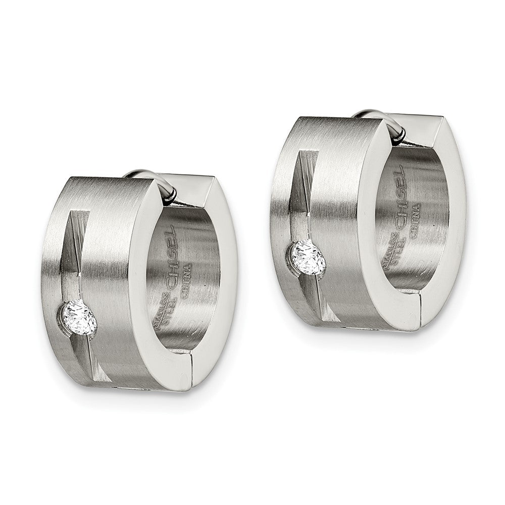 Chisel Stainless Steel Brushed and Polished with CZ 7mm Hinged Hoop Earrings