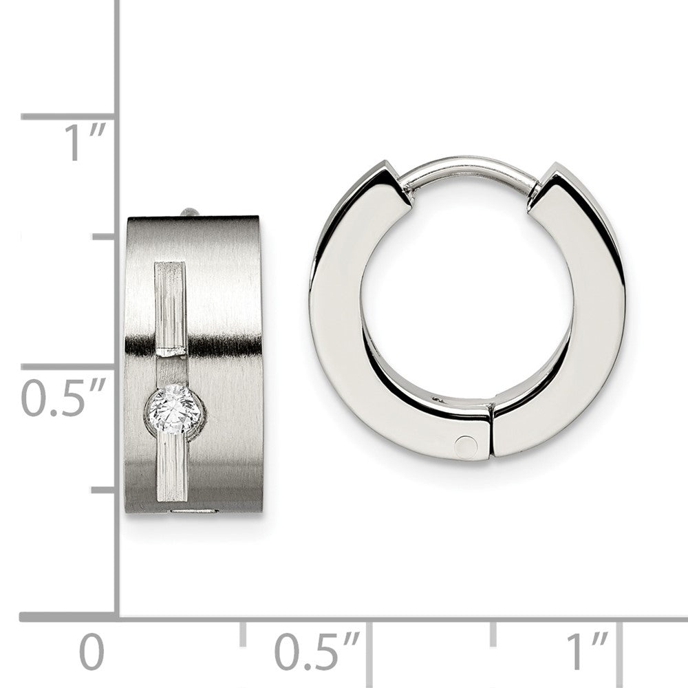 Chisel Stainless Steel Brushed and Polished with CZ 7mm Hinged Hoop Earrings