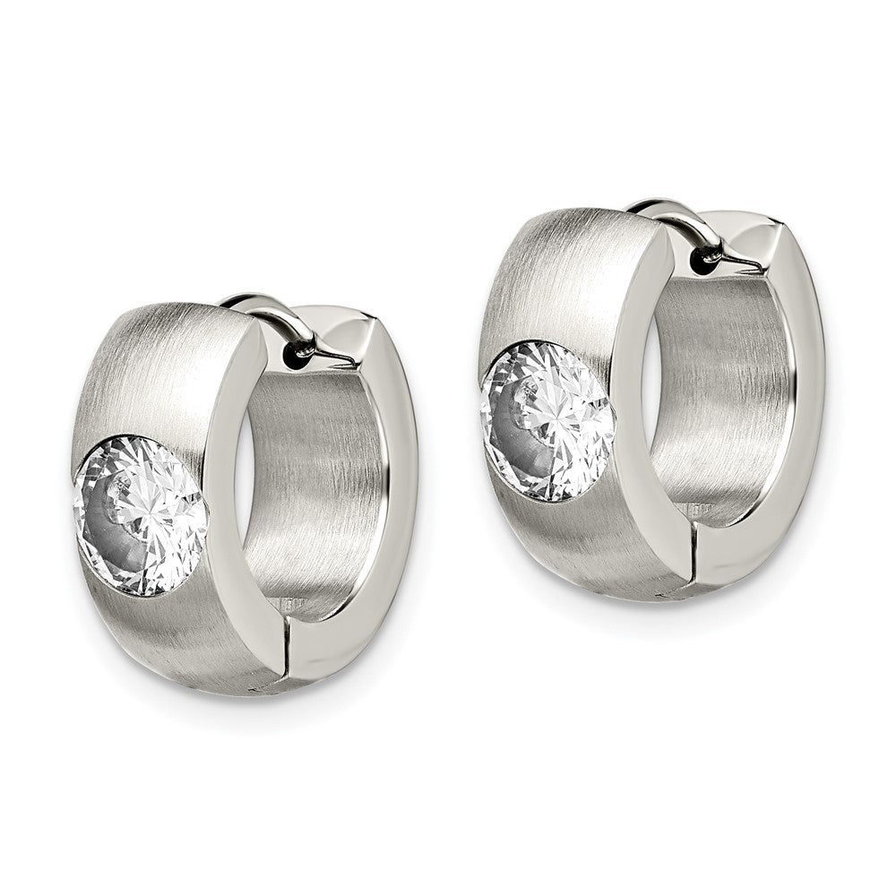 Chisel Stainless Steel Brushed and Polished with CZ Round 7mm Hinged Hoop Earrings
