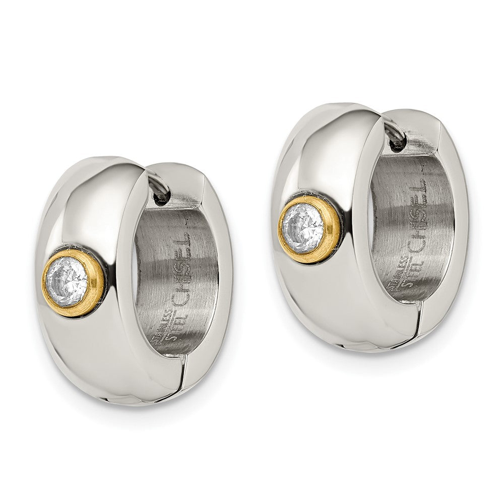 Chisel Stainless Steel Polished Yellow IP-plated with CZ 7mm Hinged Hoop Earrings