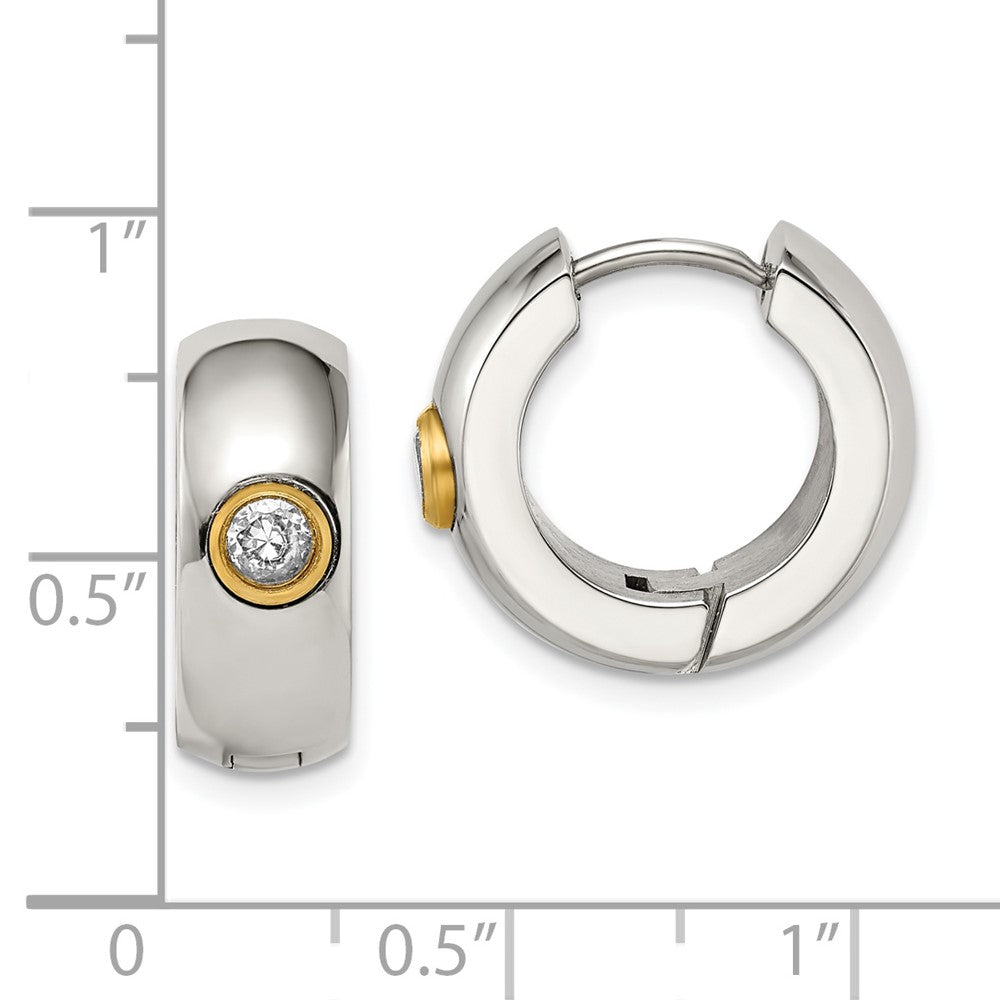 Chisel Stainless Steel Polished Yellow IP-plated with CZ 7mm Hinged Hoop Earrings