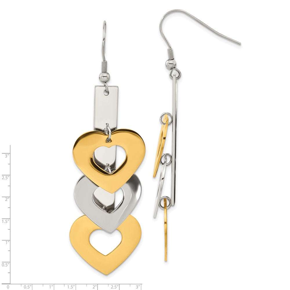 Stainless Steel Yellow IP-plated & Polished Hearts Dangle Earrings