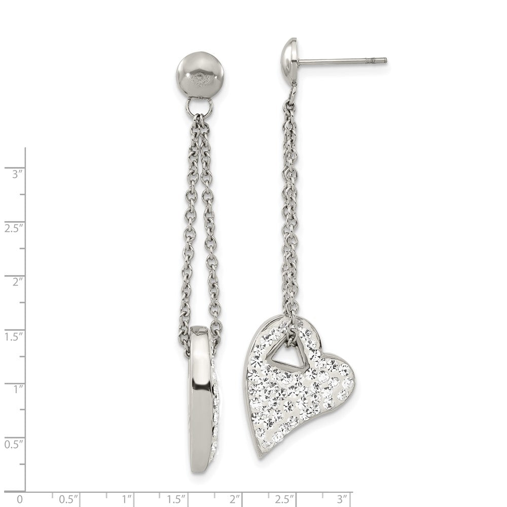 Stainless Steel Clear Crystal Heart Post Dangle Earrings