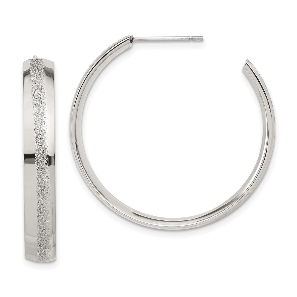 Stainless Steel Polished Laser Cut Glitter Post Round Hoop Earrings