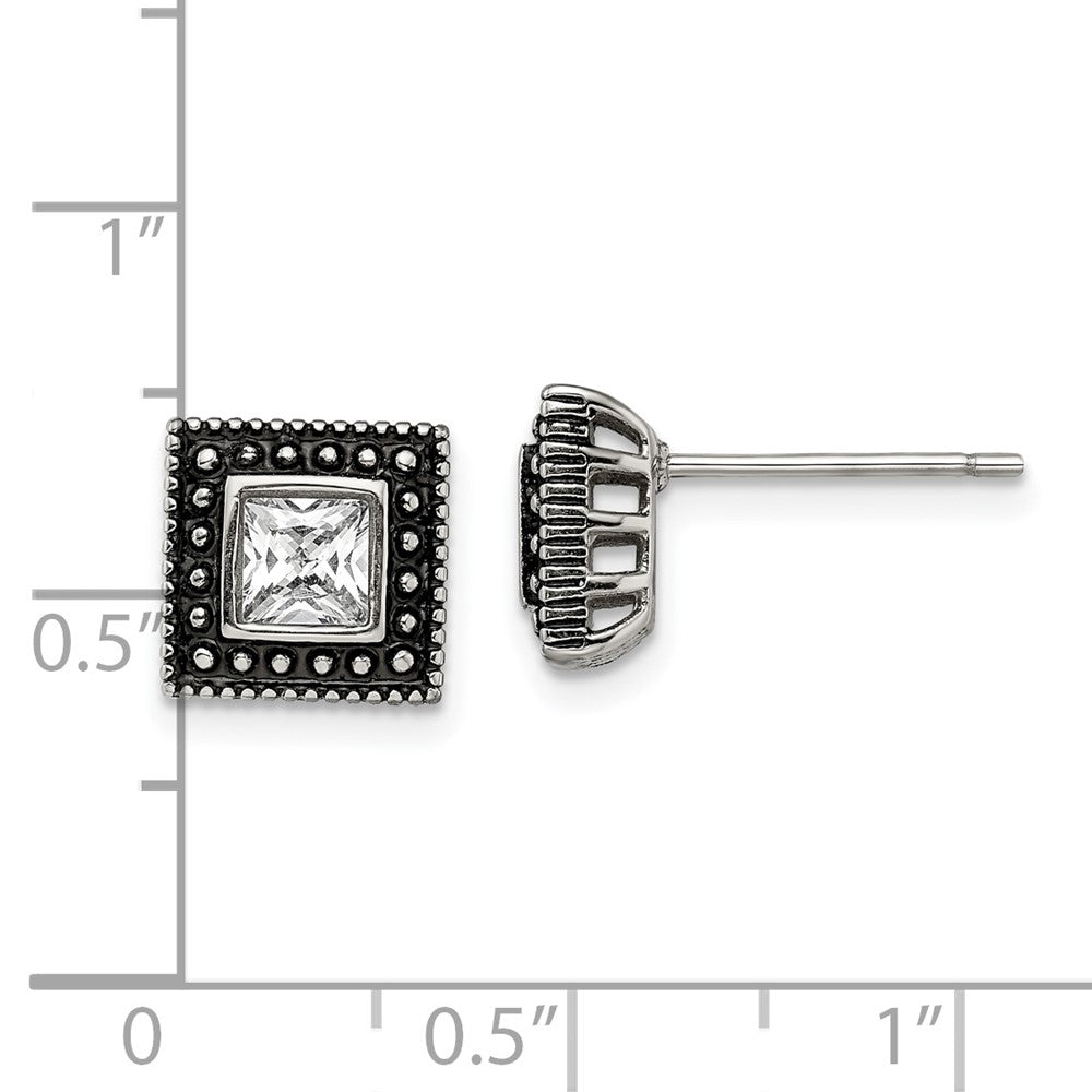 Chisel Stainless Steel Antiqued and Polished CZ Square Post Earrings