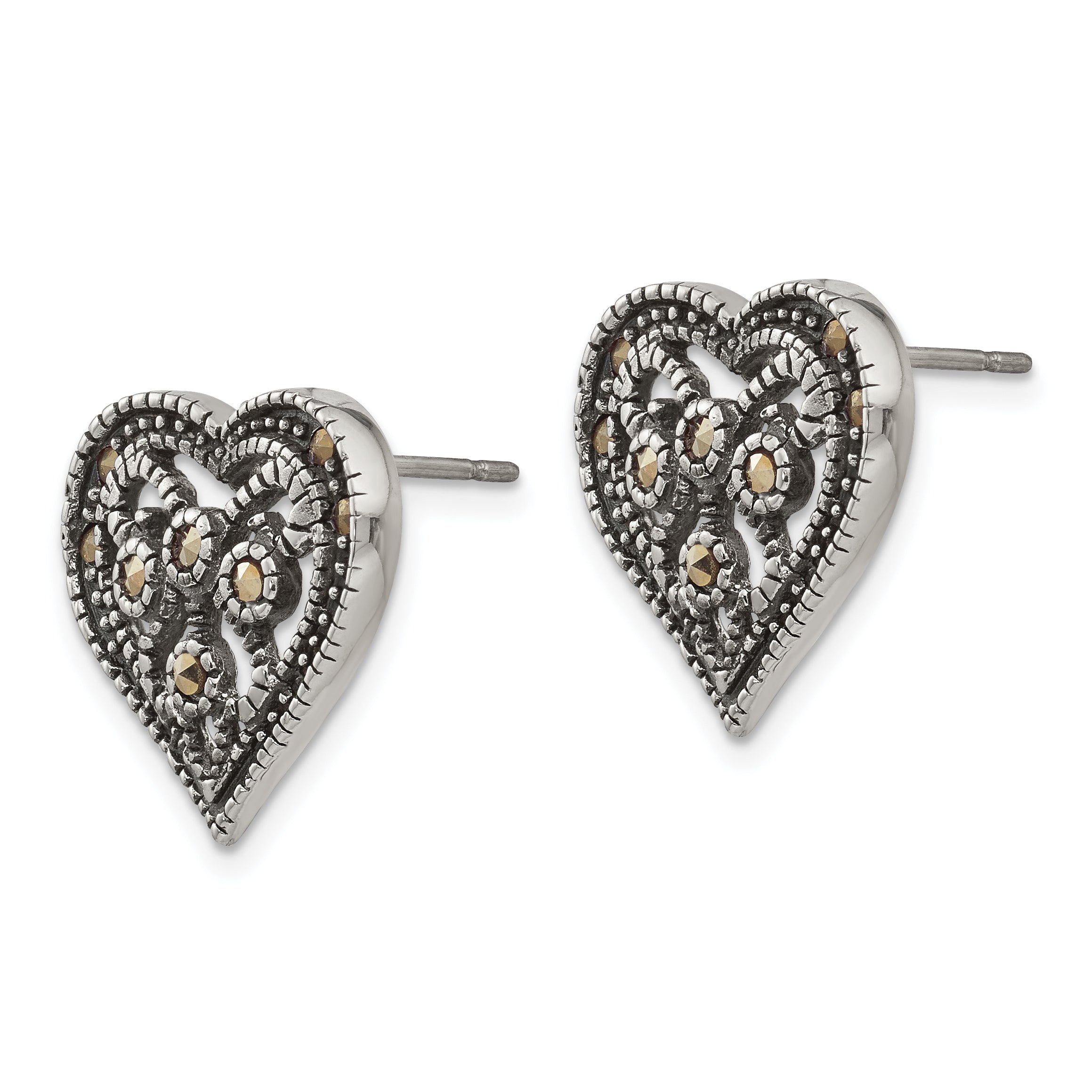 Stainless Steel Antiqued Polished & Textured Marcasite Heart Post Earrings