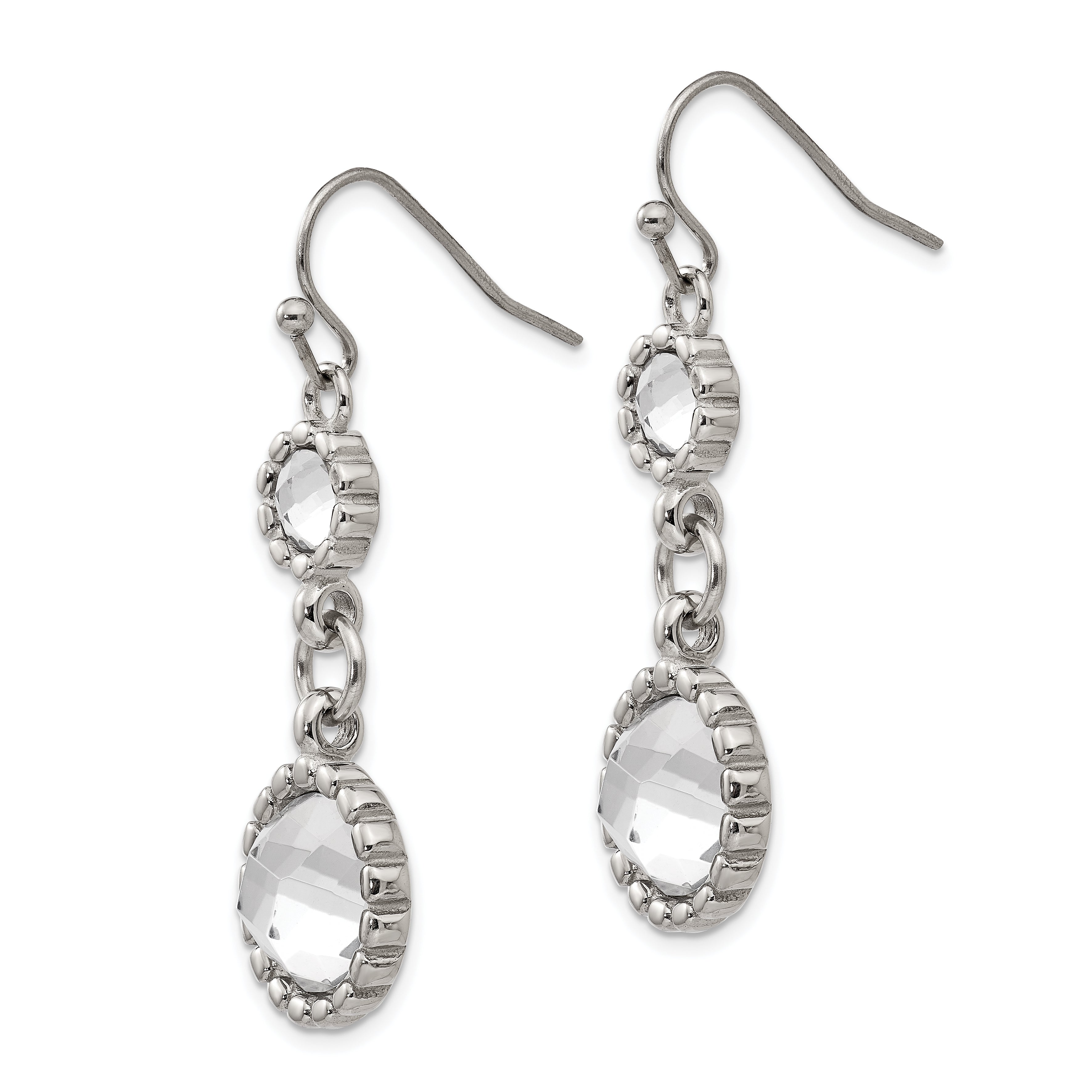 Stainless Steel Polished Grey Glass Dangle Shepherd Hook Earrings