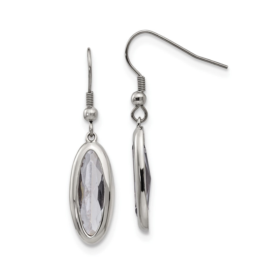 Chisel Stainless Steel Polished Grey Glass Oval Dangle Shepherd Hook Earrings