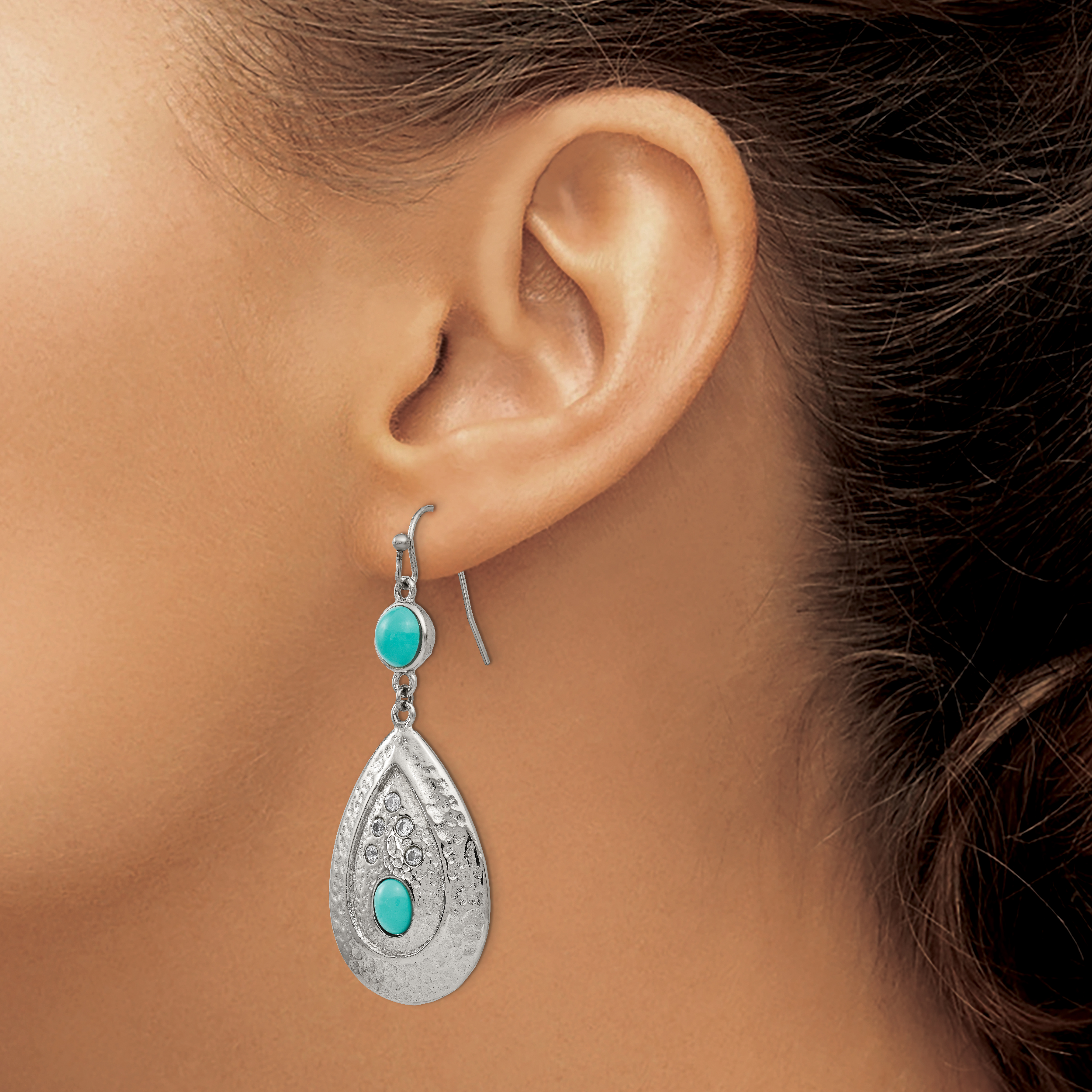Chisel Stainless Steel Polished Hammered with Imitation Turquoise and CZ Dangle Shepherd Hook Earrings