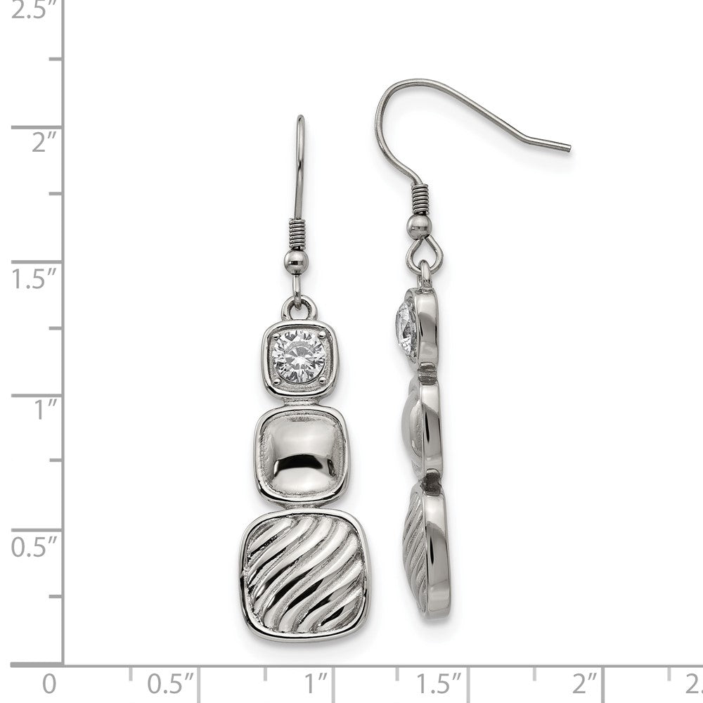 Stainless Steel Polished CZ Square Shepherd Hook Earrings