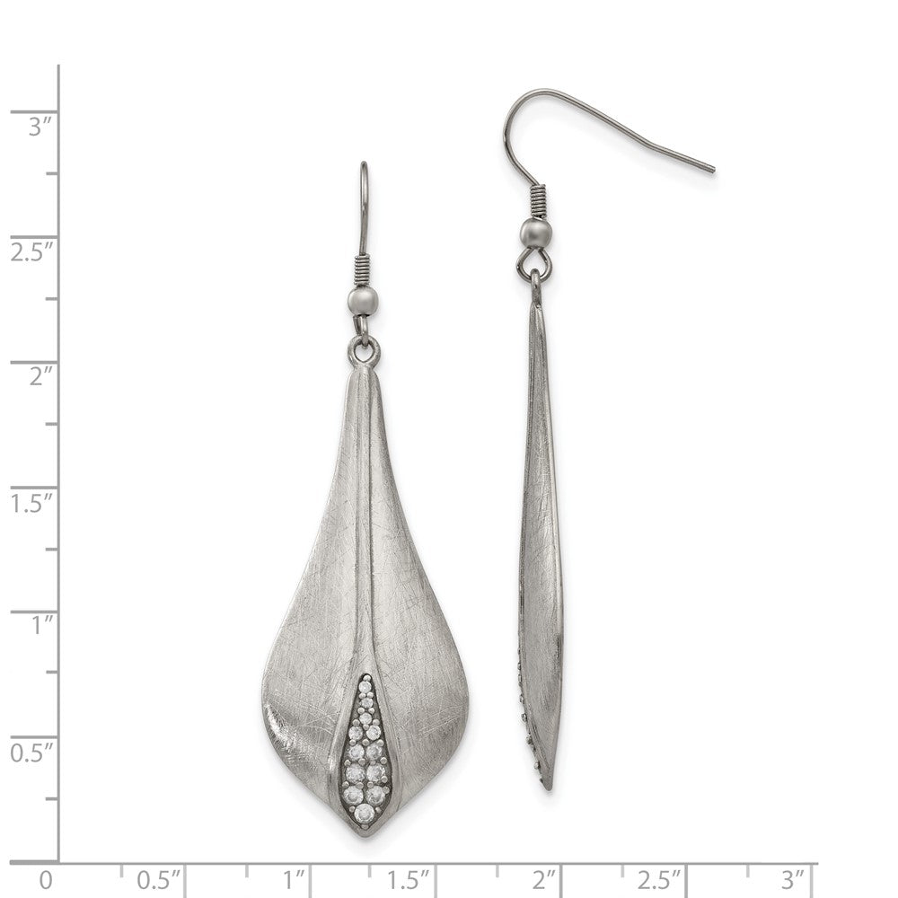 Stainless Steel Brushed and Polished CZ Dangle Shepherd Hook Earrings