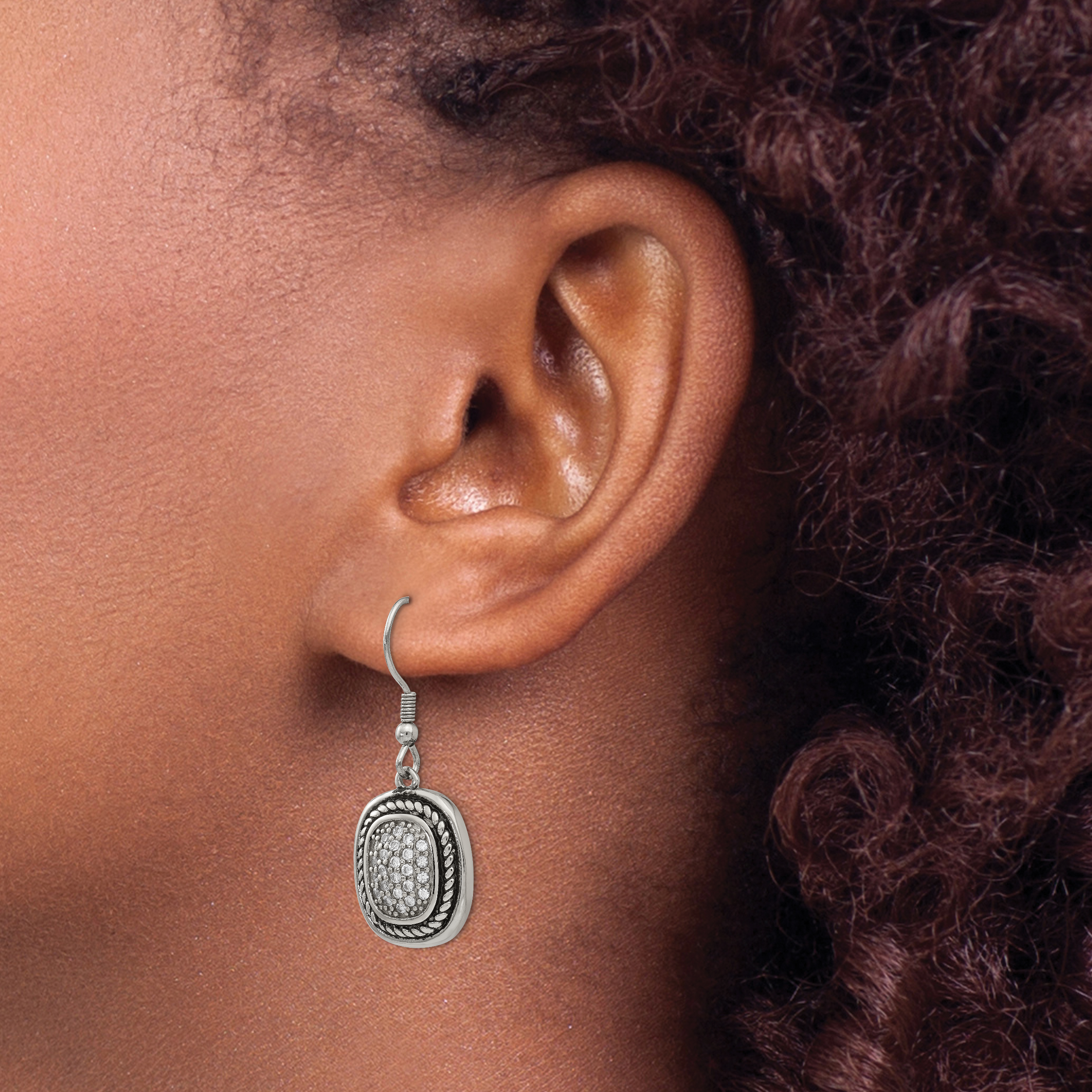 Chisel Stainless Steel Antiqued and Polished with CZ Dangle Shepherd Hook Earrings