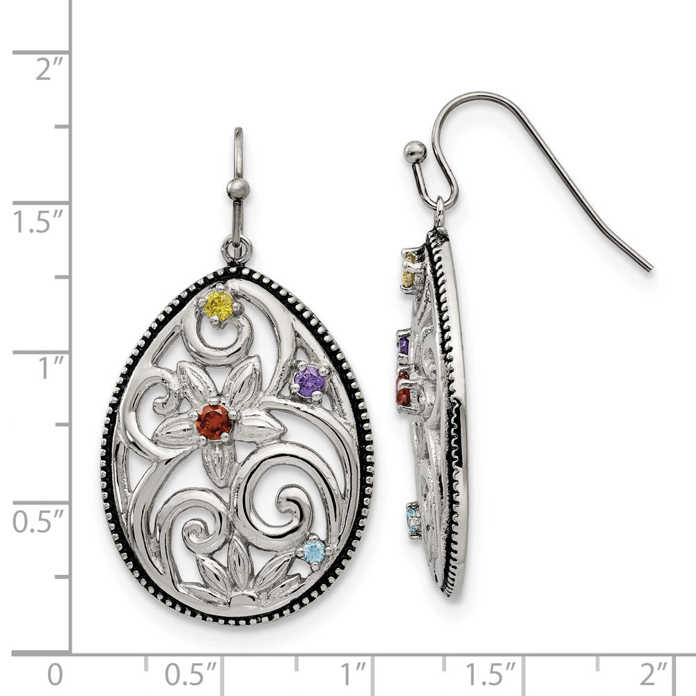 Chisel Stainless Steel Antiqued and Polished with Multicolor CZ Dangle Shepherd Hook Earrings