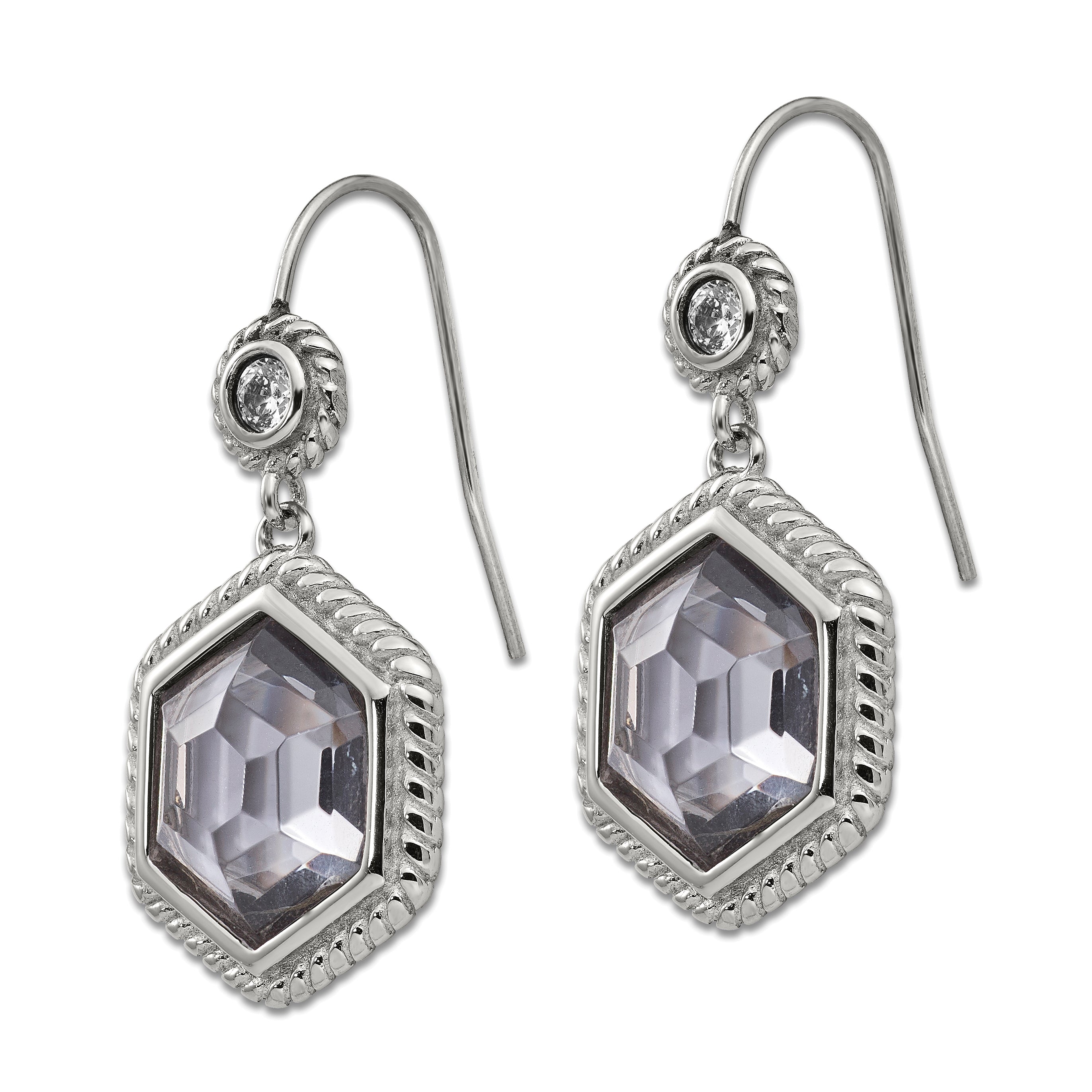 Chisel Stainless Steel Antiqued and Polished with Grey Glass and CZ Shepherd Hook Earrings