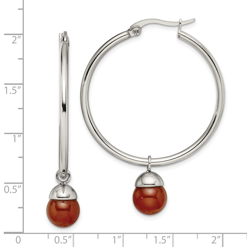 Chisel Stainless Steel Polished with Red Agate Dangle Hoop Earrings