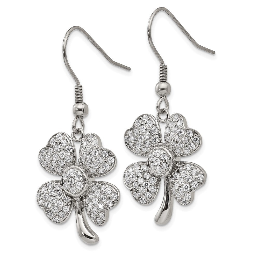 Chisel Stainless Steel Polished with CZ 4-Leaf Clover Dangle Shepherd Hook Earrings