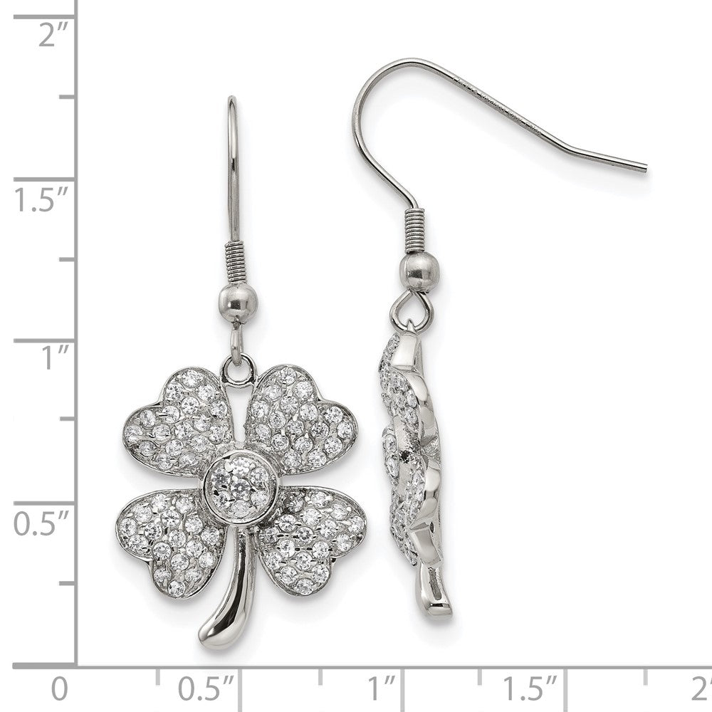 Chisel Stainless Steel Polished with CZ 4-Leaf Clover Dangle Shepherd Hook Earrings