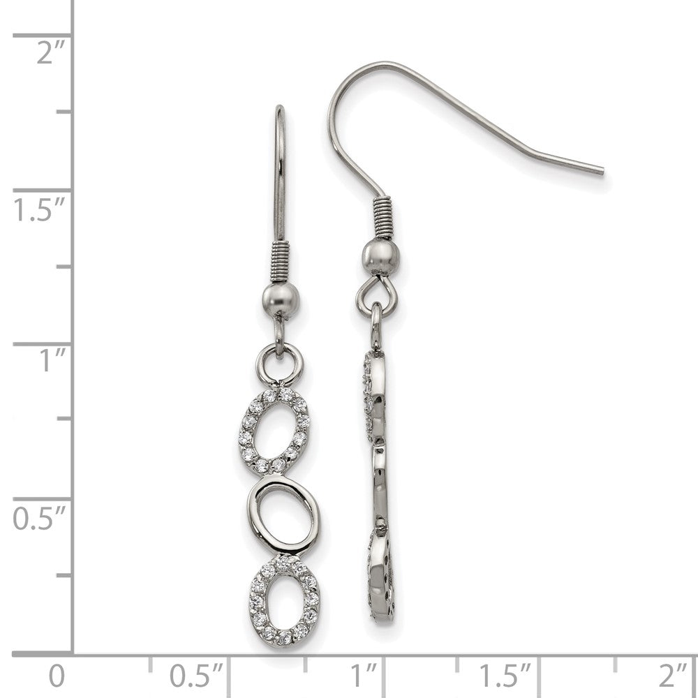 Stainless Steel Polished w/CZ Oval Dangle Shepherd Hook Earrings