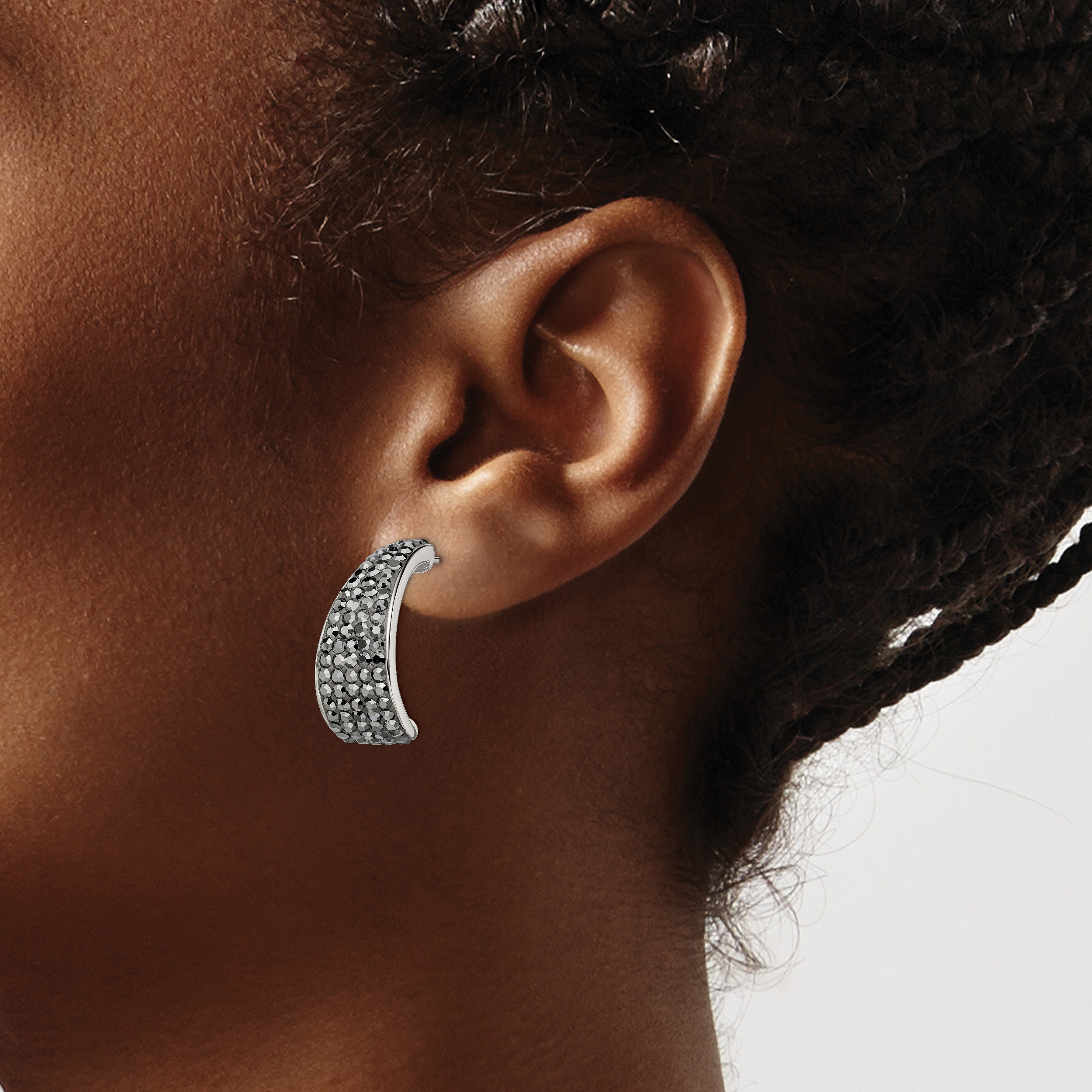 Stainless Steel Polished w/Crystal J Hoop Post Earrings