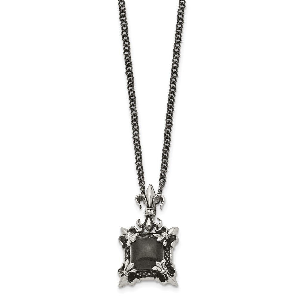 Stainless Steel Antiqued & Polished w/Black Agate Fleur de lis Necklace