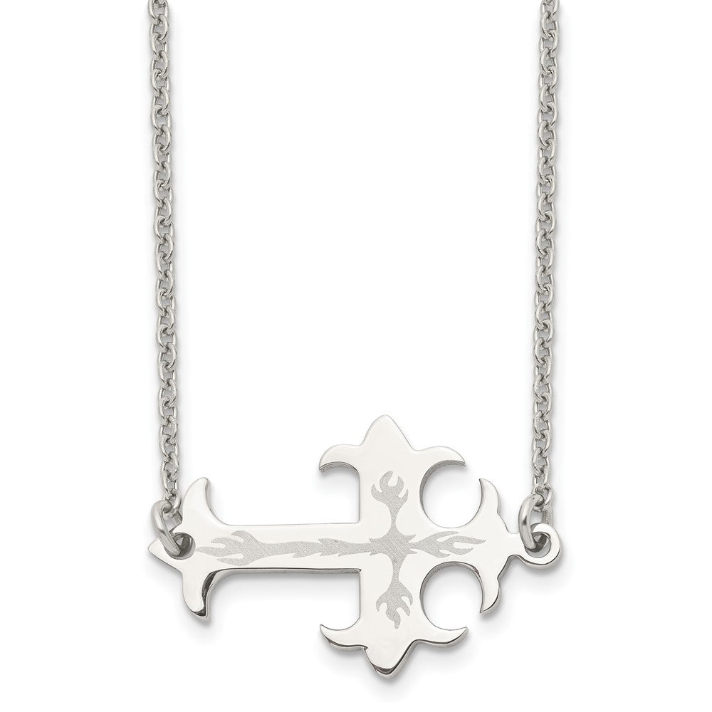 Chisel Stainless Steel Brushed and Polished Flame Design Sideways Cross on a 21 inch Cable Chain Necklace