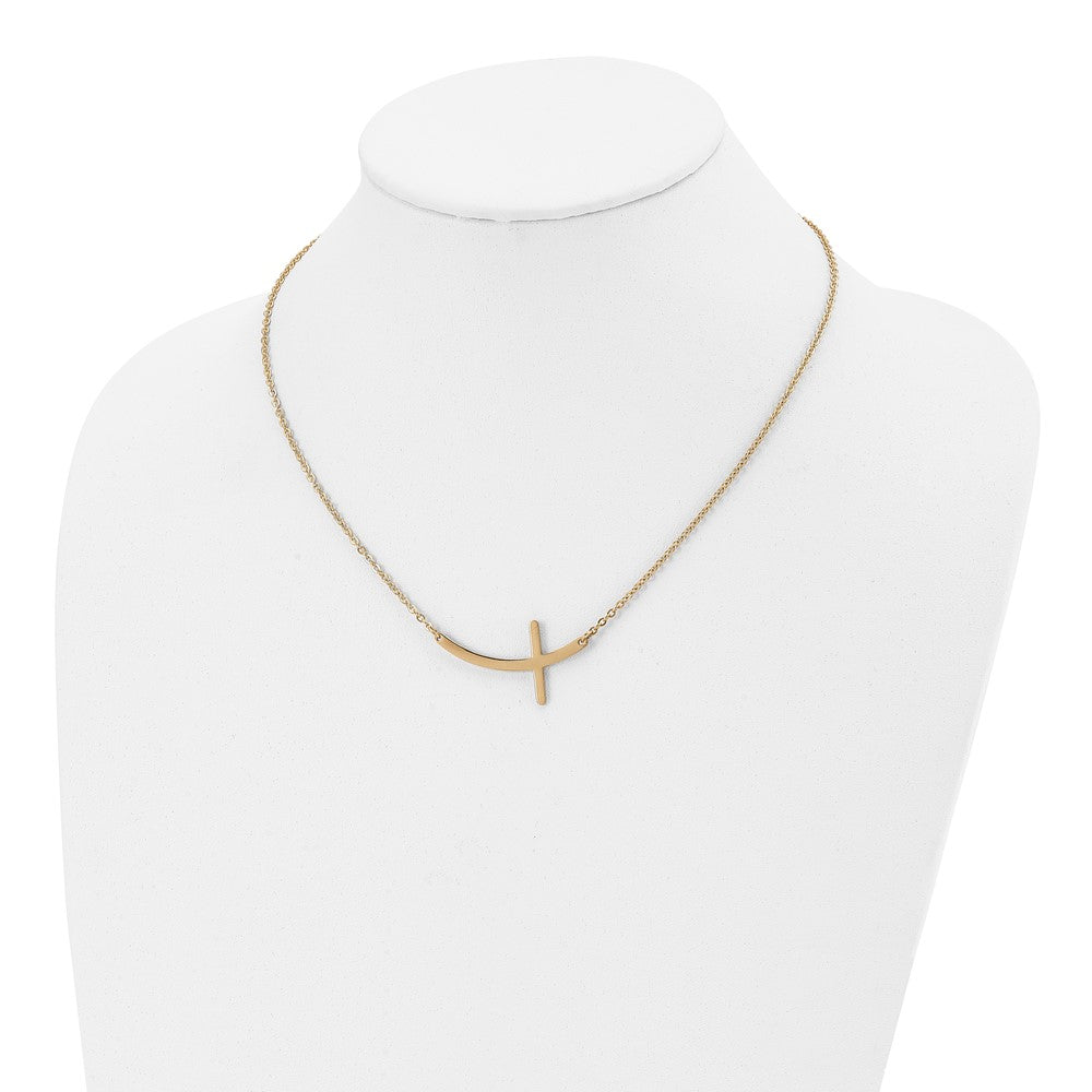 Chisel Stainless Steel Polished Yellow IP-plated Curved Sideways Cross on an 18 inch Cable Chain Necklace