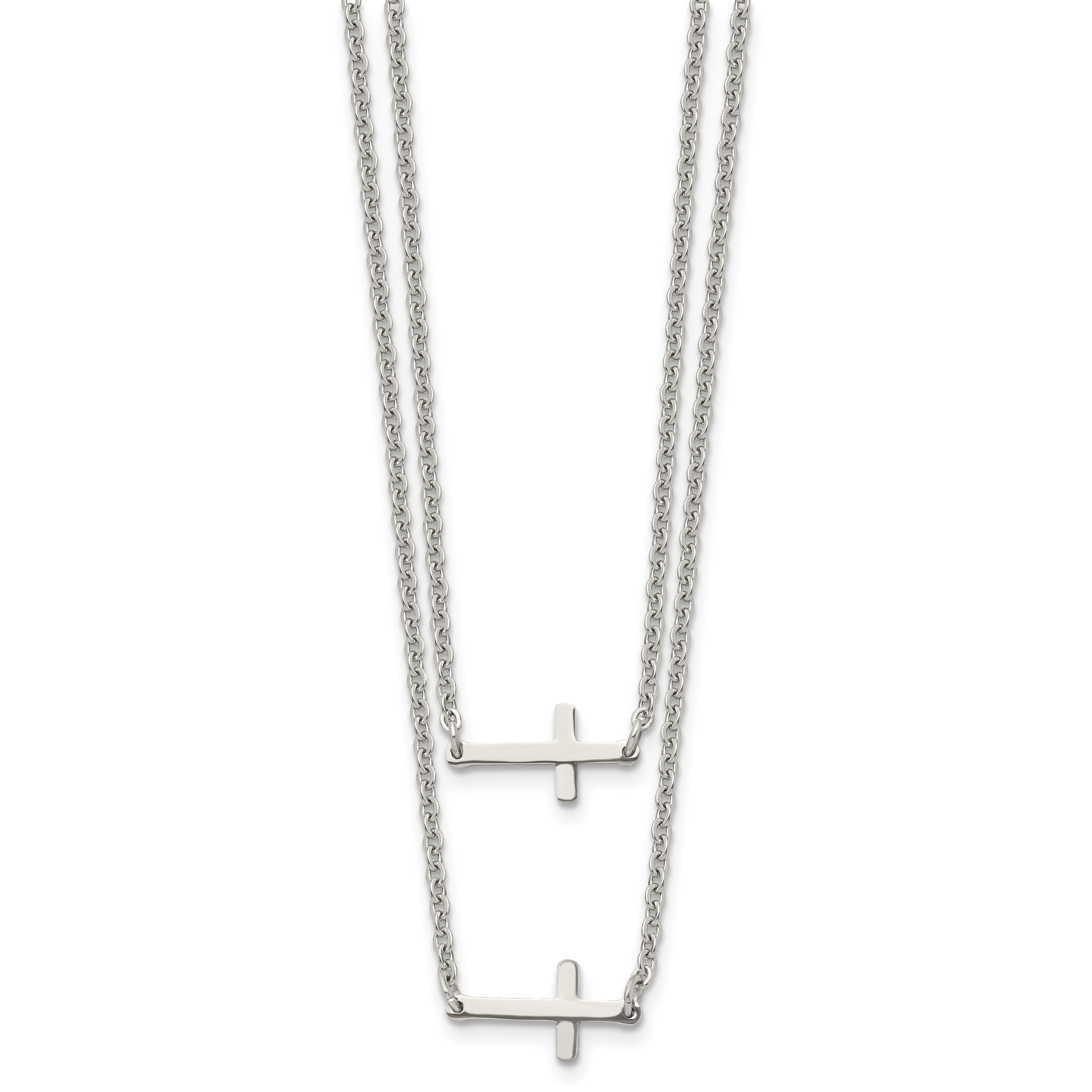 Chisel Stainless Steel Polished Double Sideways Crosses on Layered 16.5 inch Cable Chain Necklace