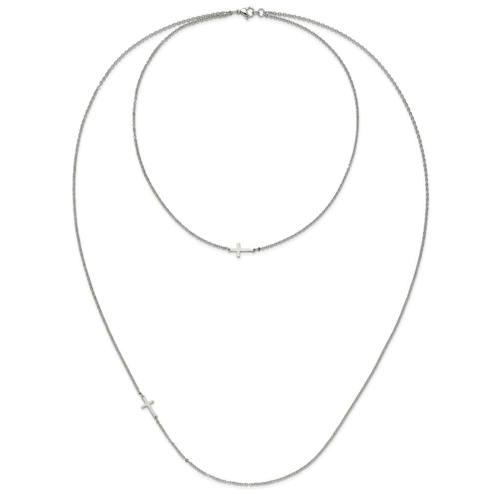 Chisel Stainless Steel Polished Layered Sideways Cross on an 18 inch Cable Chain Necklace
