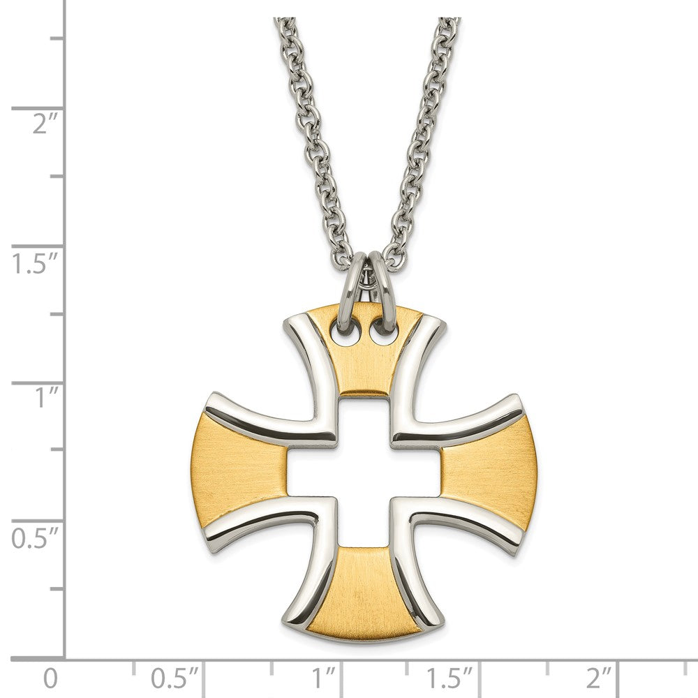 Stainless Steel & Yellow IP-plated Polished & Satin Cross Necklace