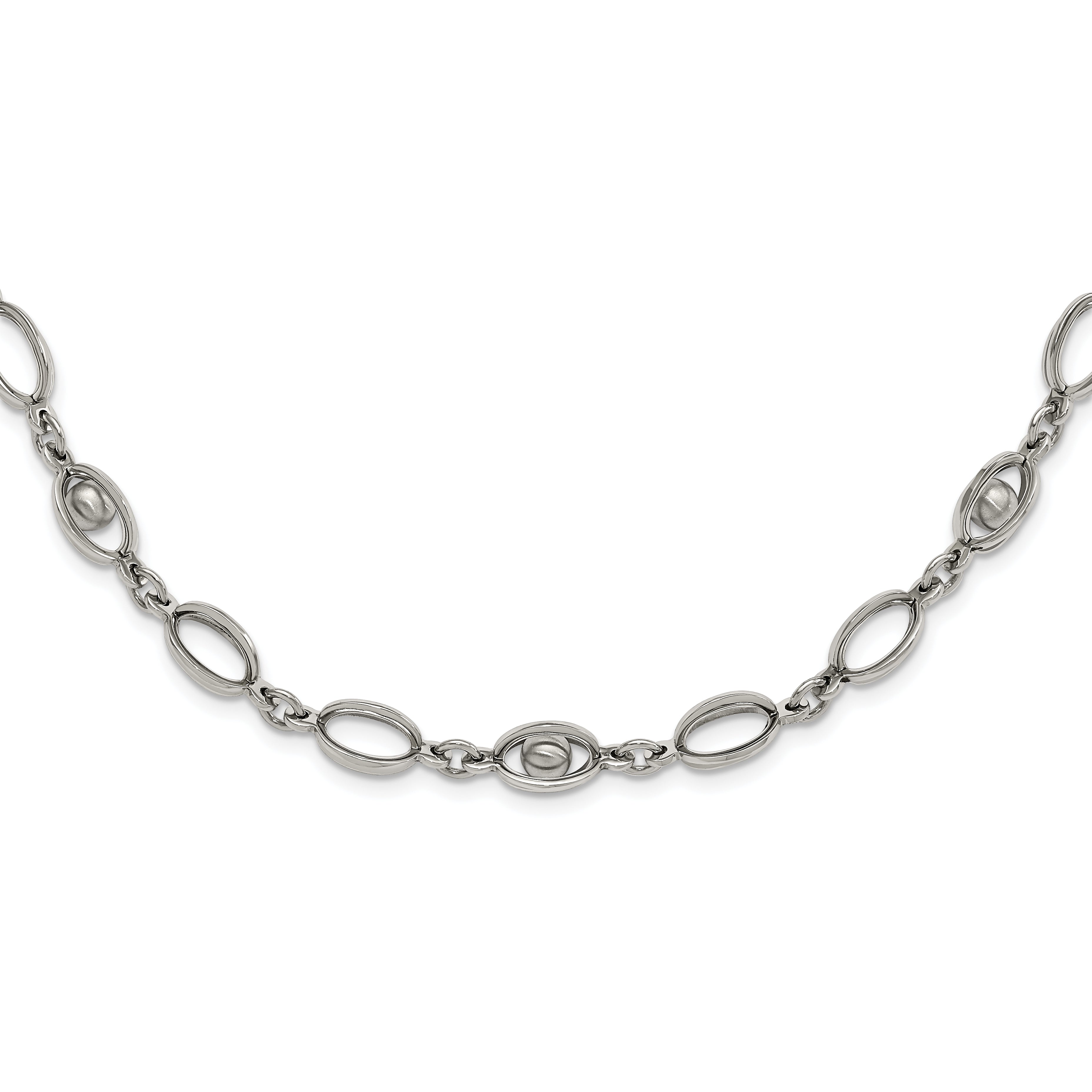 Stainless Steel Polished Oval Link w/ Moveable Ball w/ 1.5in ext. Necklace