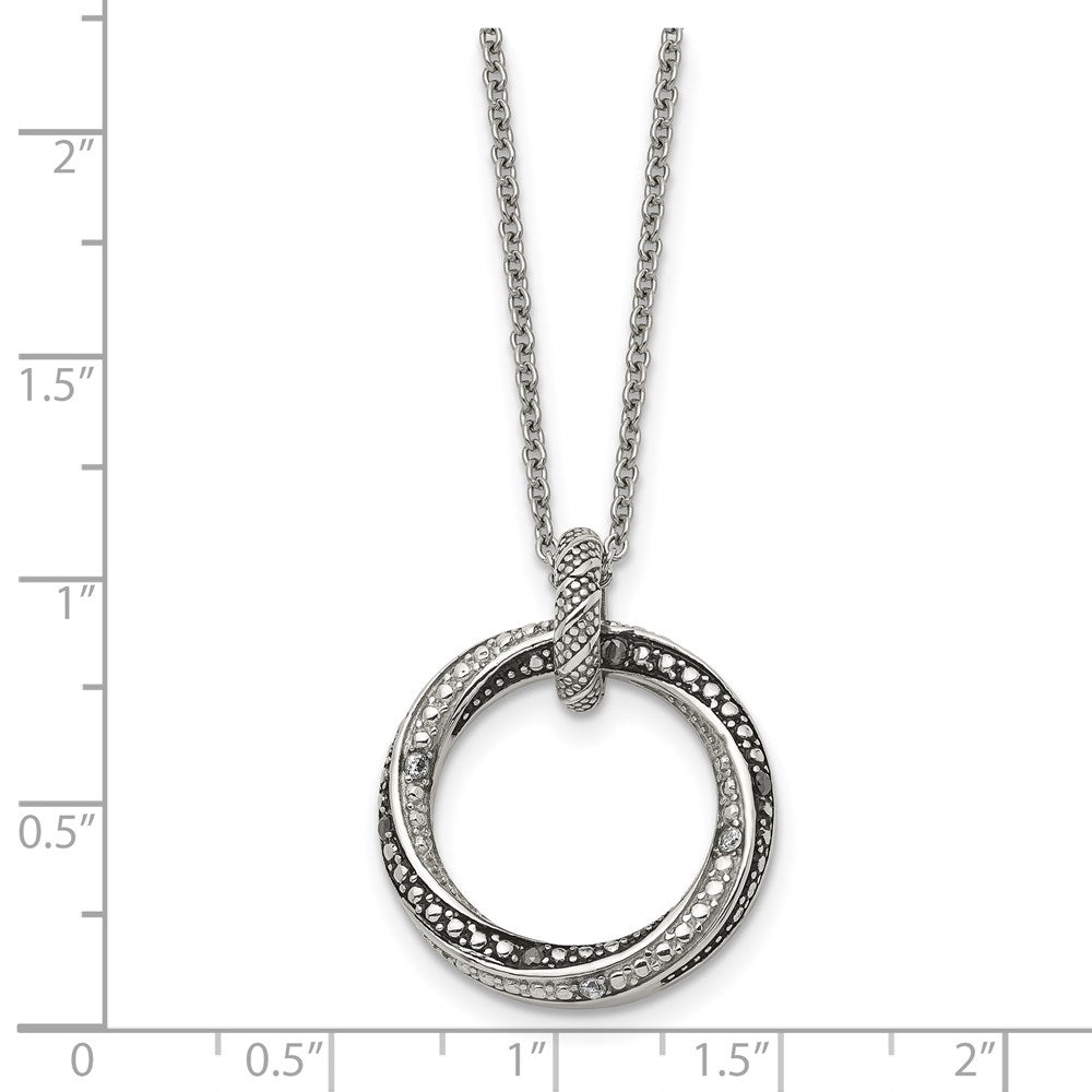 Stainless Steel Antiqued and Polished Black/Clear CZ Circle 18in Necklace