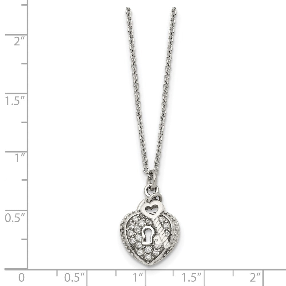 Chisel Stainless Steel Polished CZ Heart Lock and Key 2-Piece Moveable Pendant on an 18 inch Cable Chain Necklace