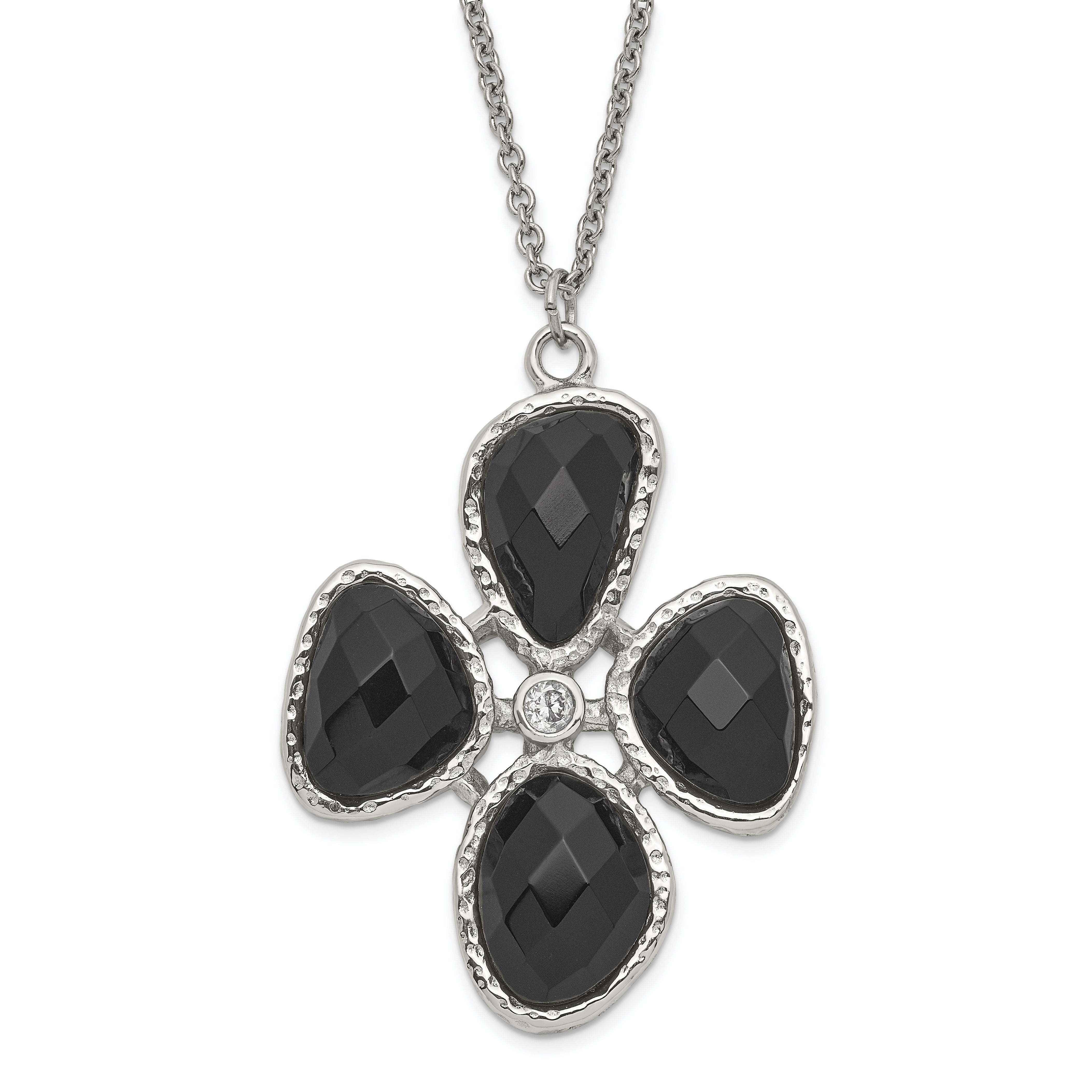 Stainless Steel Fancy CZ and Black Onyx Textured Necklace