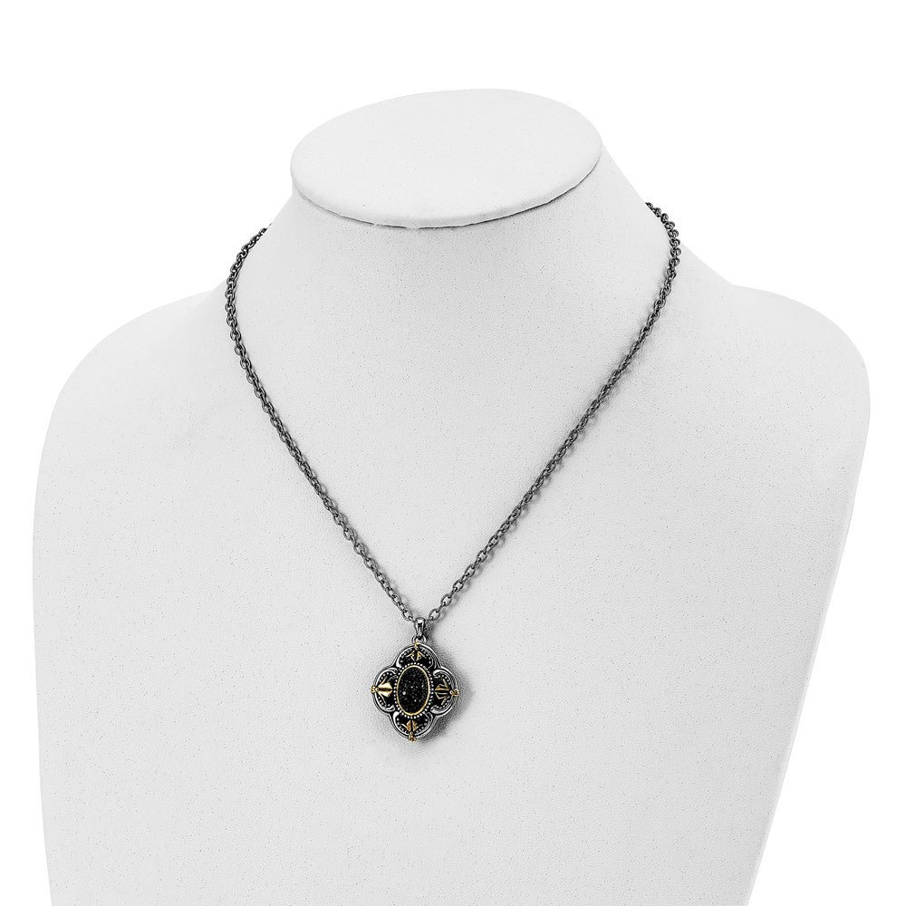 Stainless Steel Antiqued & Polished Yellow IP w/Blue Glass 18in Necklace