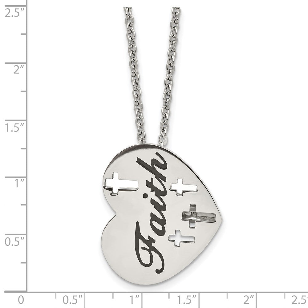 Chisel Stainless Steel Polished and Enameled FAITH Heart with Cross Cut out Pendnat on a 20 inch Cable Chain Necklace