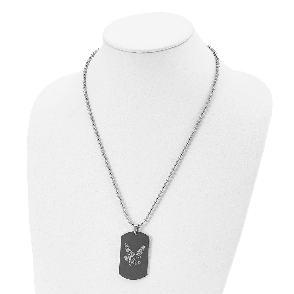 Chisel Stainless Steel Polished Black IP-plated with CZ Eagle Reversible Dog Tag on a 22 inch Ball Chain Necklace
