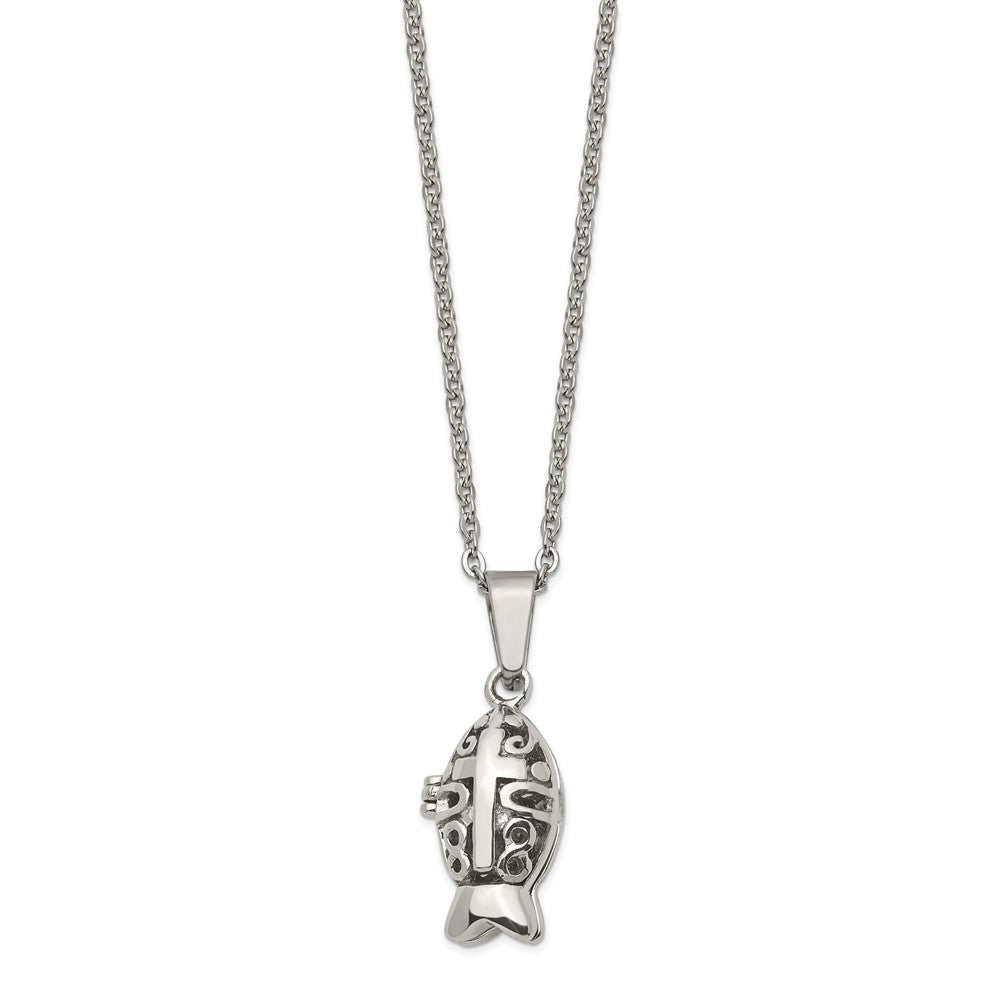 Chisel Stainless Steel Polished and Antiqued Magnetic Fish Prayer Box on an 18 inch Cable Chain Necklace