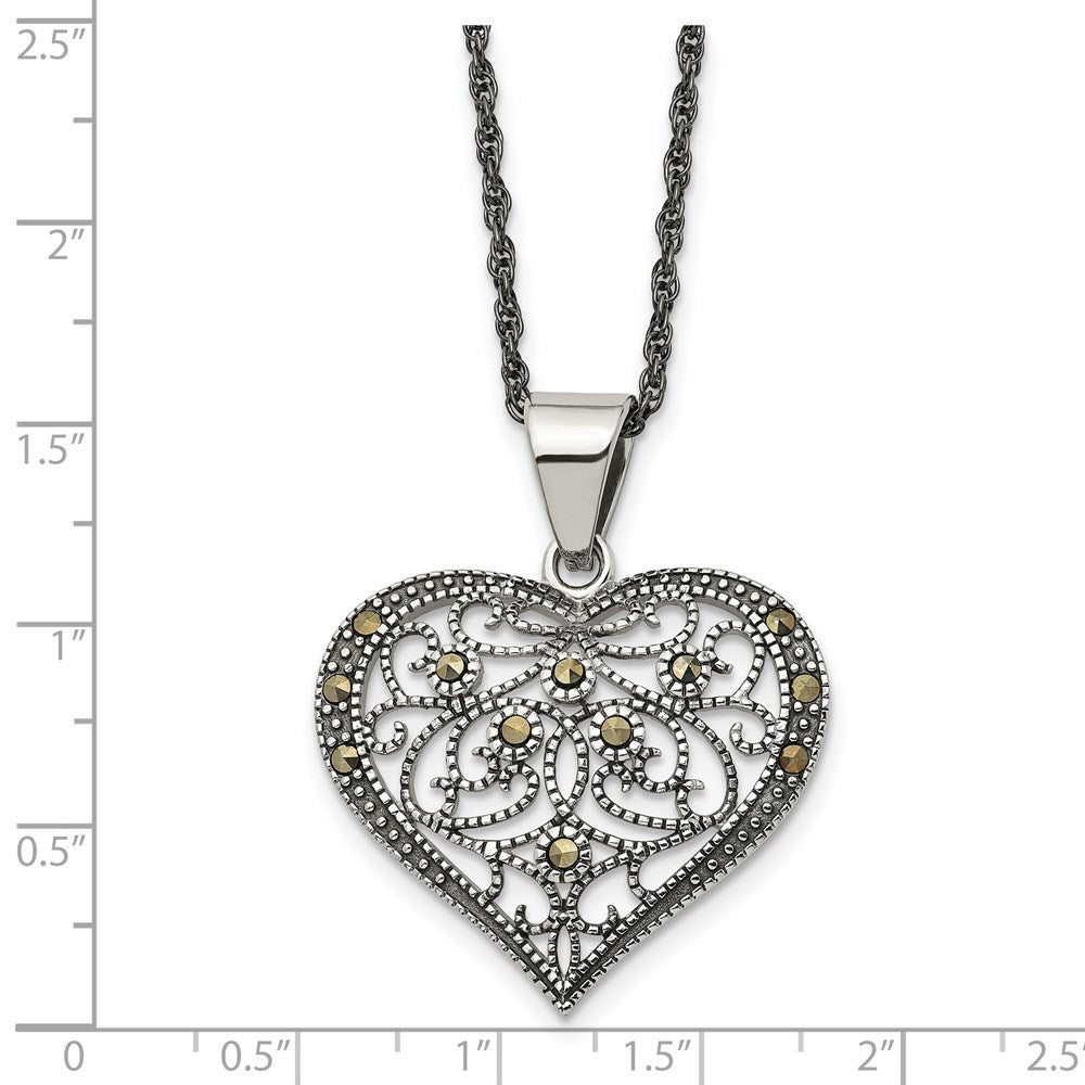 Chisel Stainless Steel Antiqued and Polished with Marcasite Heart Pendant on a 20 inch Singapore Chain Necklace
