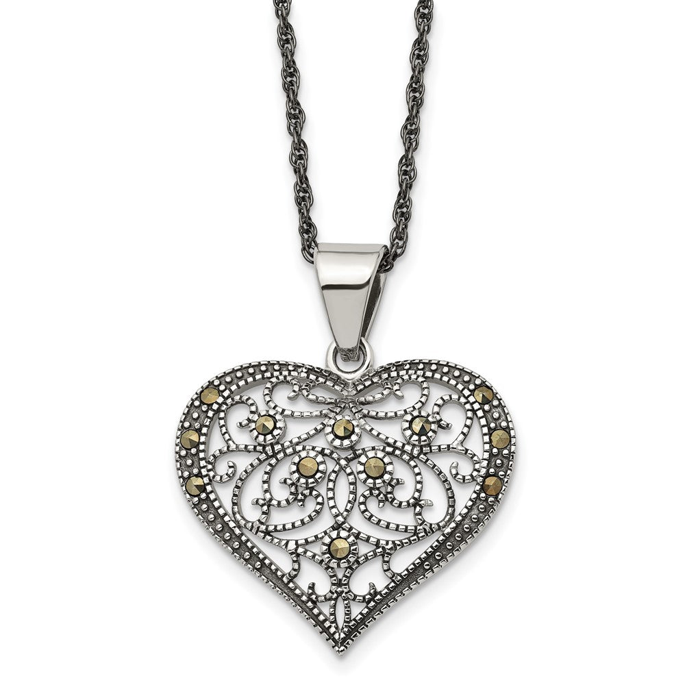 Chisel Stainless Steel Antiqued and Polished with Marcasite Heart Pendant on a 20 inch Singapore Chain Necklace