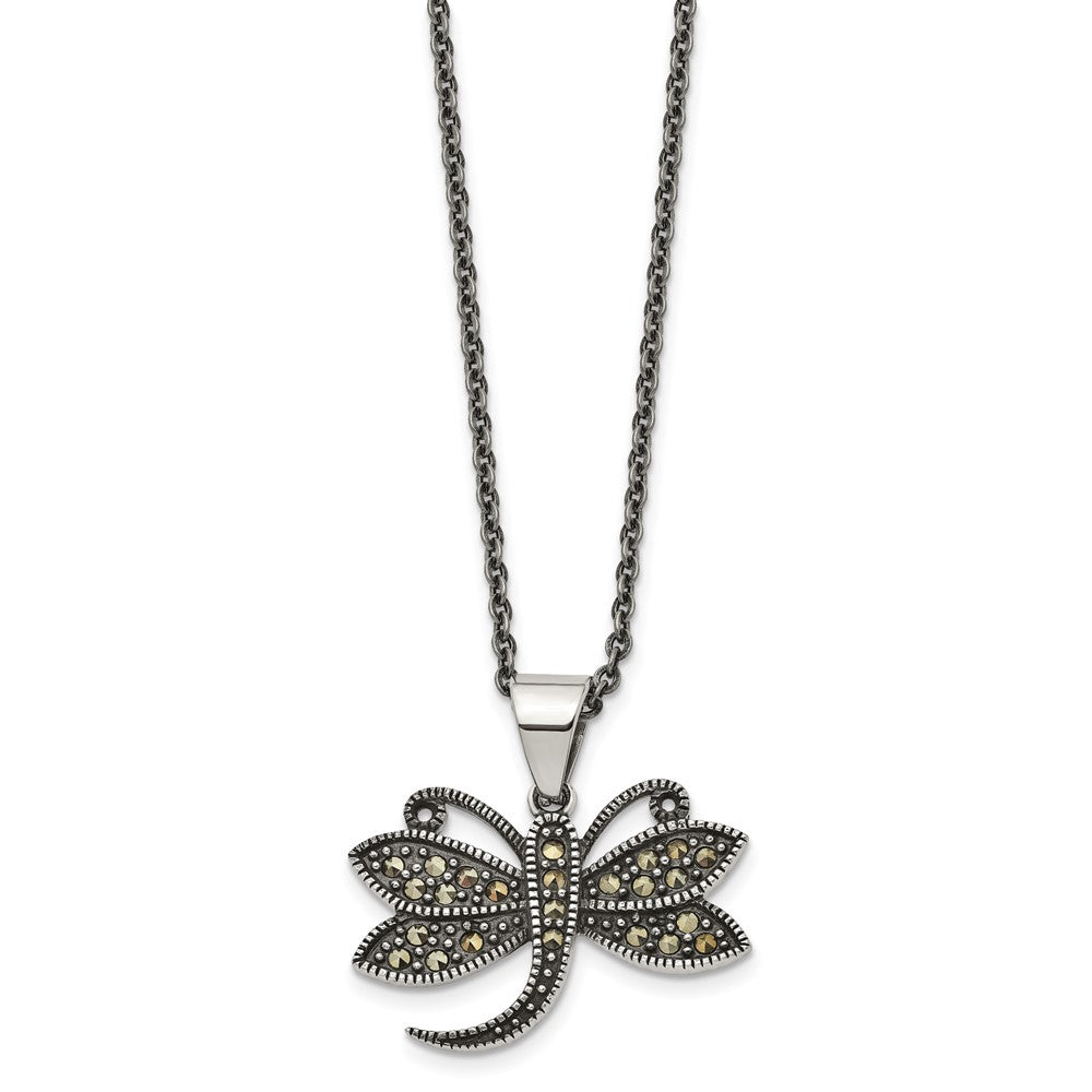 Chisel Stainless Steel Antiqued and Polished with Marcasite Dragonfly Pendant on an 18 inch Cable Chain Necklace