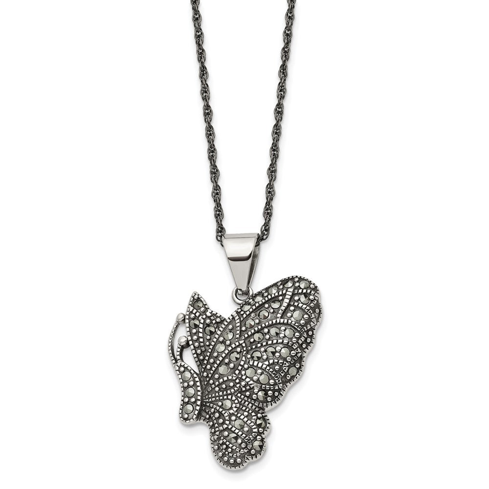 Chisel Stainless Steel Antiqued and Polished with Marcasite Butterfly Pendant on a 20 inch Singapore Chain Necklace