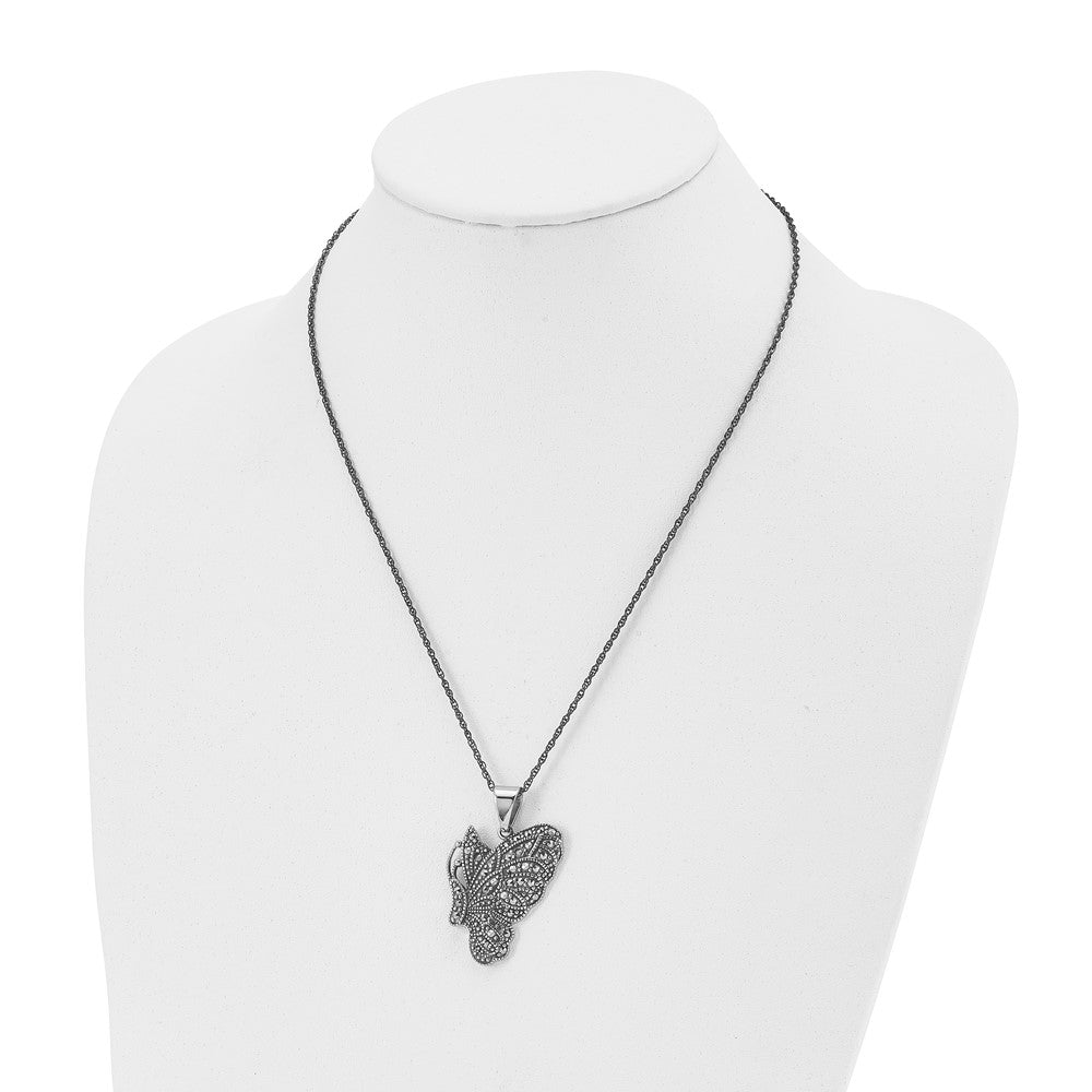 Chisel Stainless Steel Antiqued and Polished with Marcasite Butterfly Pendant on a 20 inch Singapore Chain Necklace